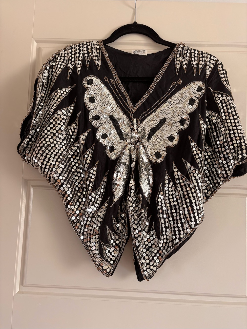 Black Silk Sequin Butterfly Poncho Top